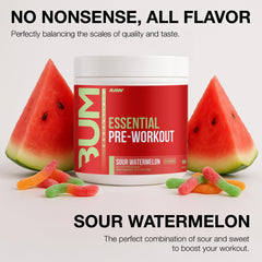 RAW Essential Pre-Workout scoop shows precise serving for pumps and endurance.