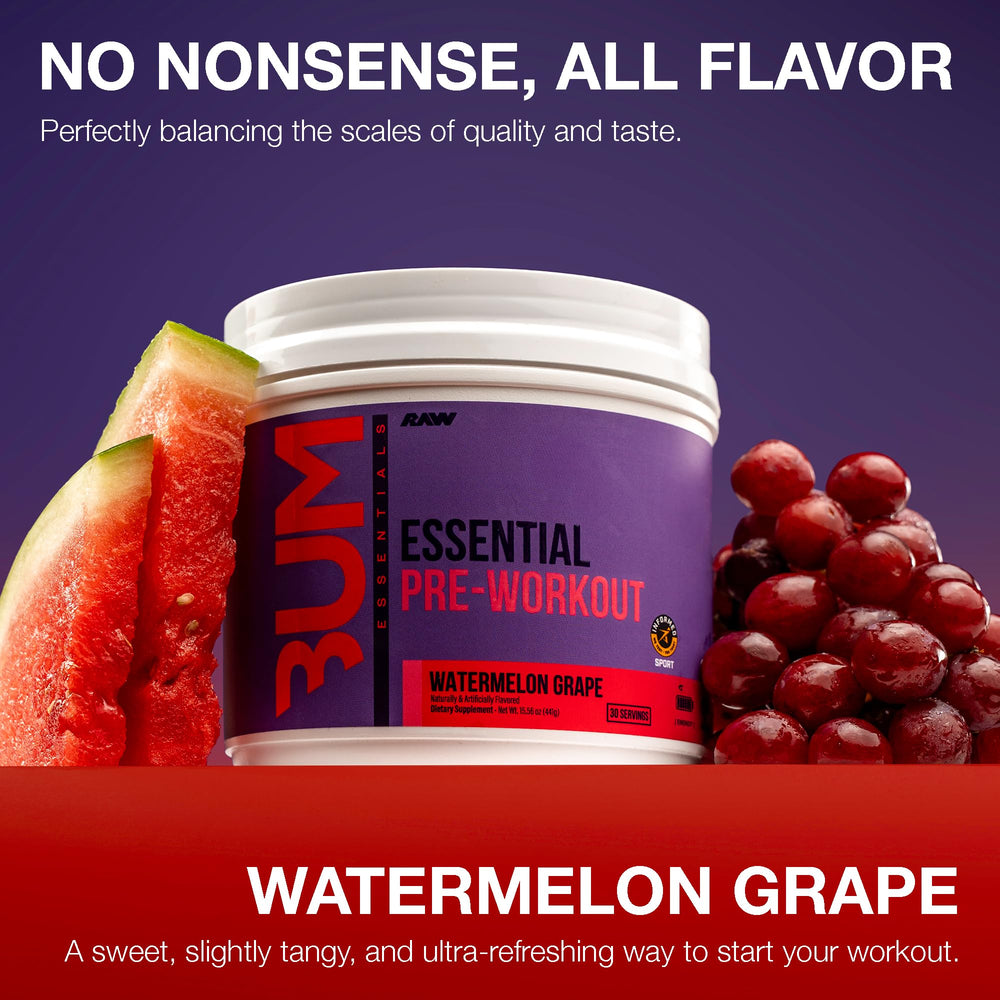 RAW Essential Pre-Workout shake in glass illustrating flavor and lasting focus potential