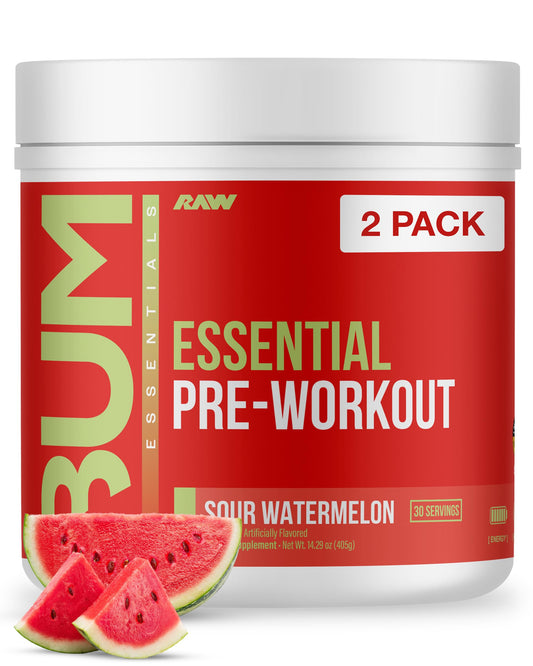 RAW Essential Pre-Workout Sour Watermelon tub promotes steady energy for workouts.