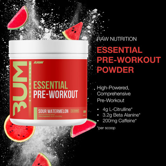 RAW Essential Pre-Workout two-pack box highlights convenient training fuel.