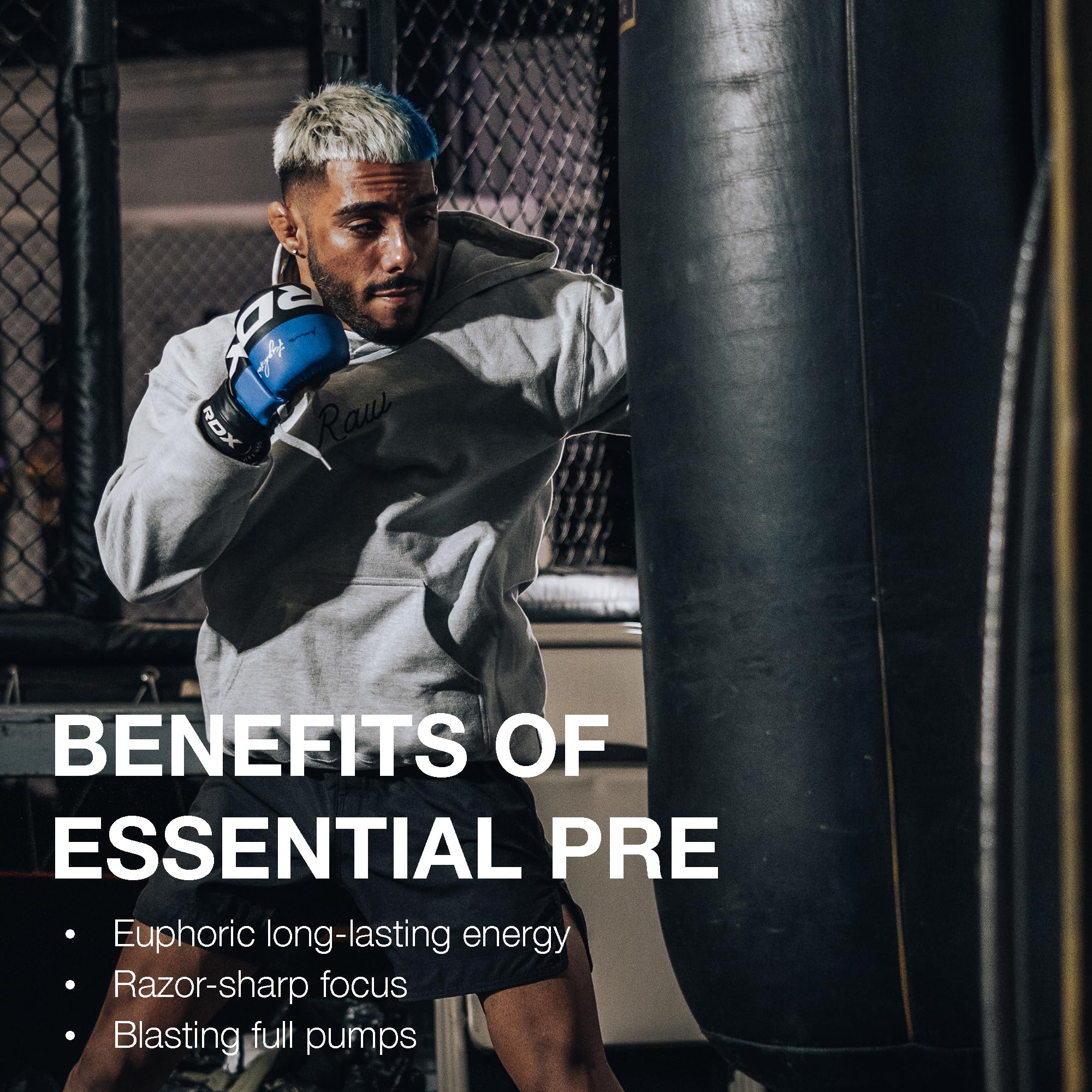 RAW Essential Pre-Workout USA-made label highlighting quality ingredients and no artificial additives