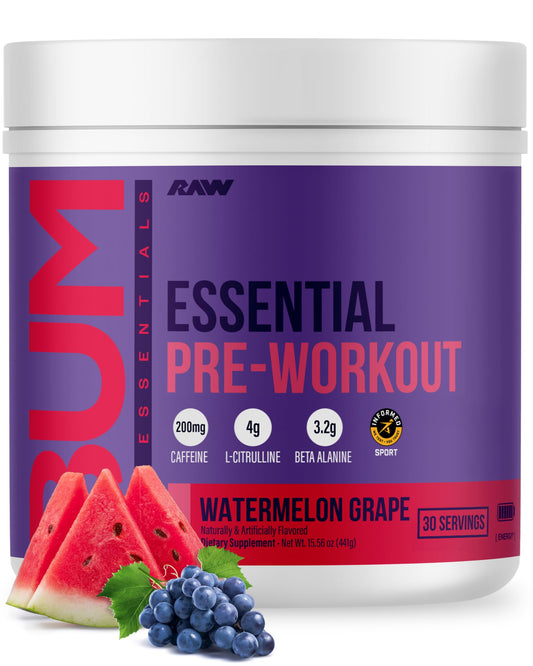 RAW Essential Pre-Workout Watermelon Grape tub for sustained energy and pumps