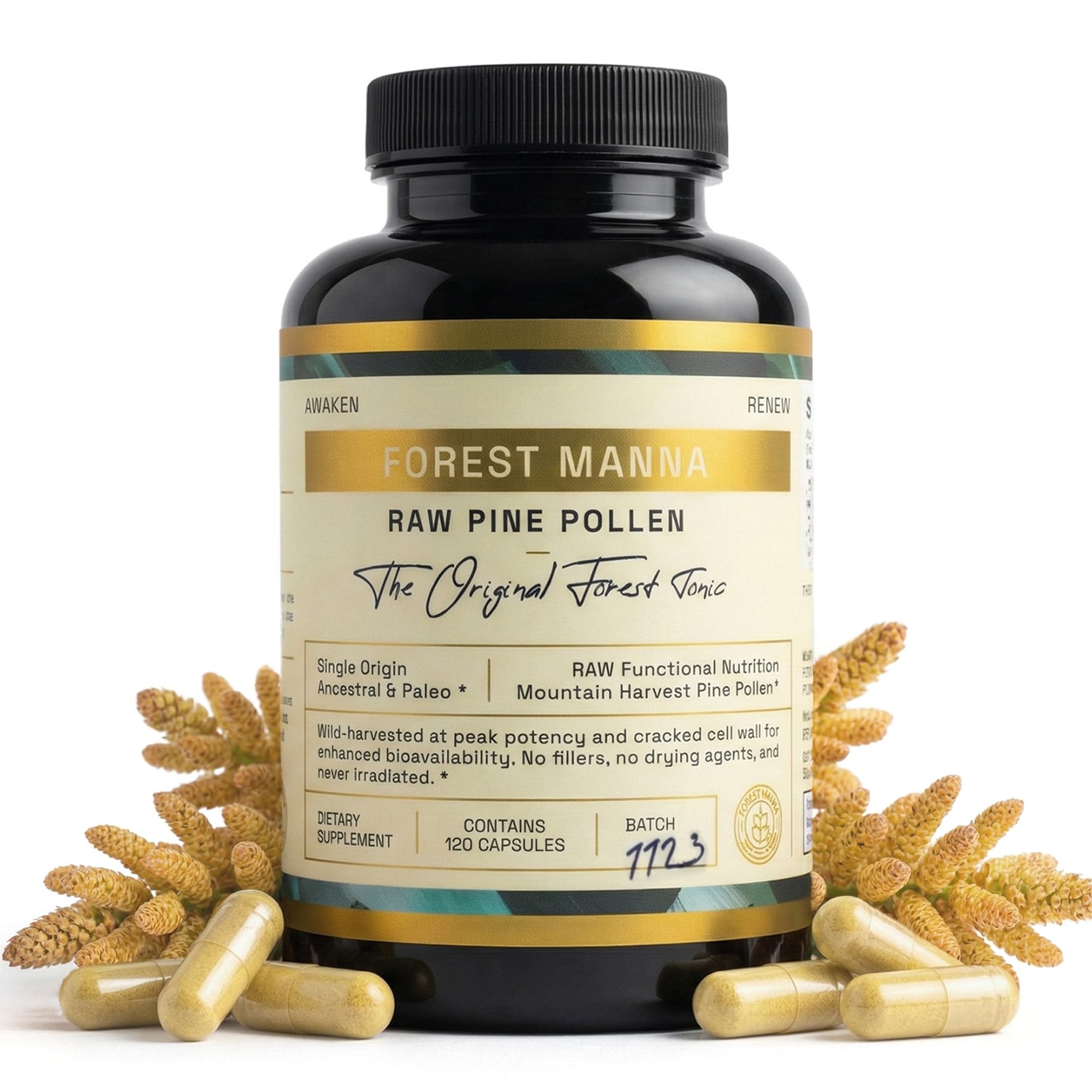 RAW Forest Foods Forest Manna bottle with capsules for easy daily use.