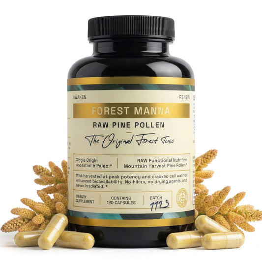RAW Forest Foods Forest Manna bottle with capsules for easy daily use.