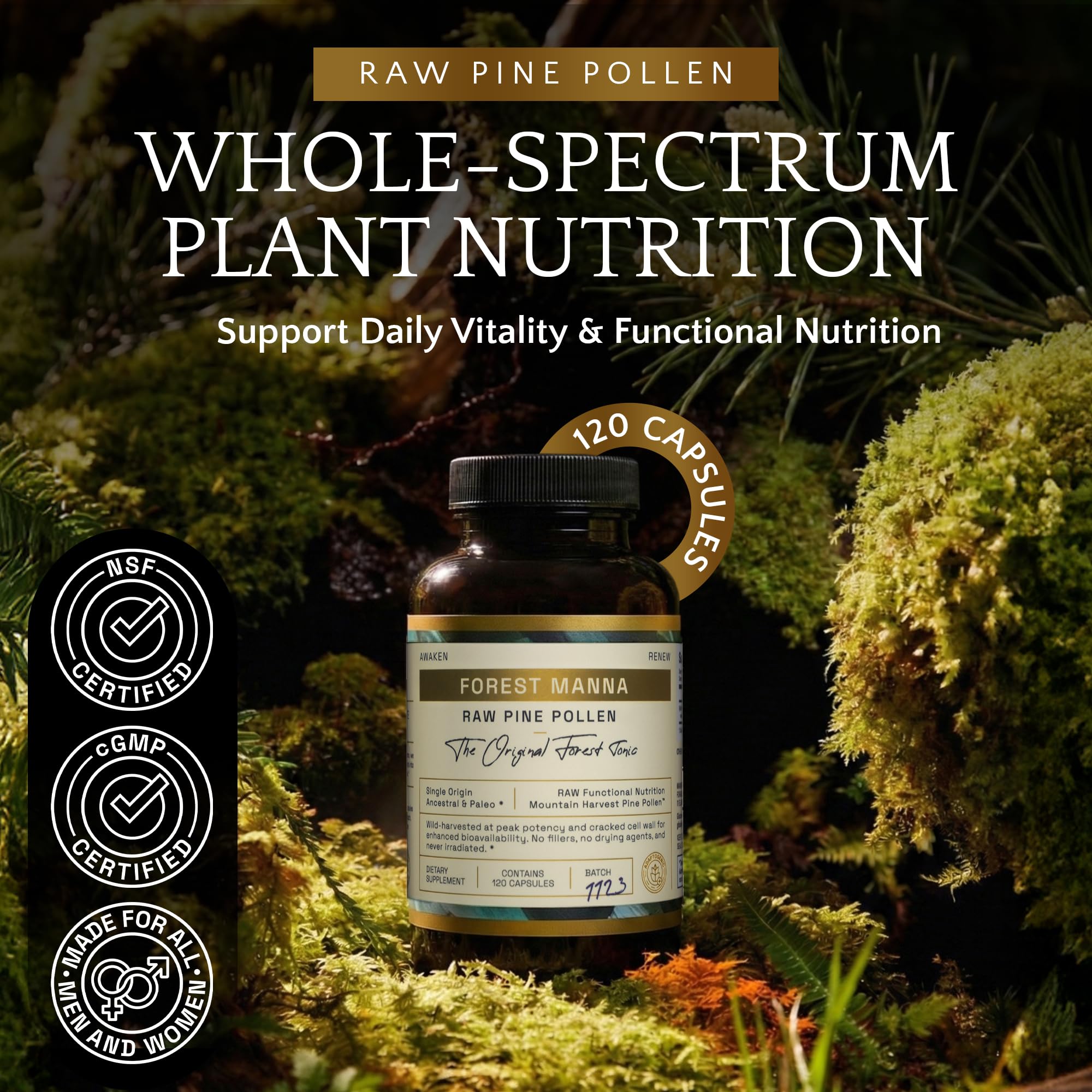 RAW Forest Foods Forest Manna capsules close-up, for daily adaptogenic support.