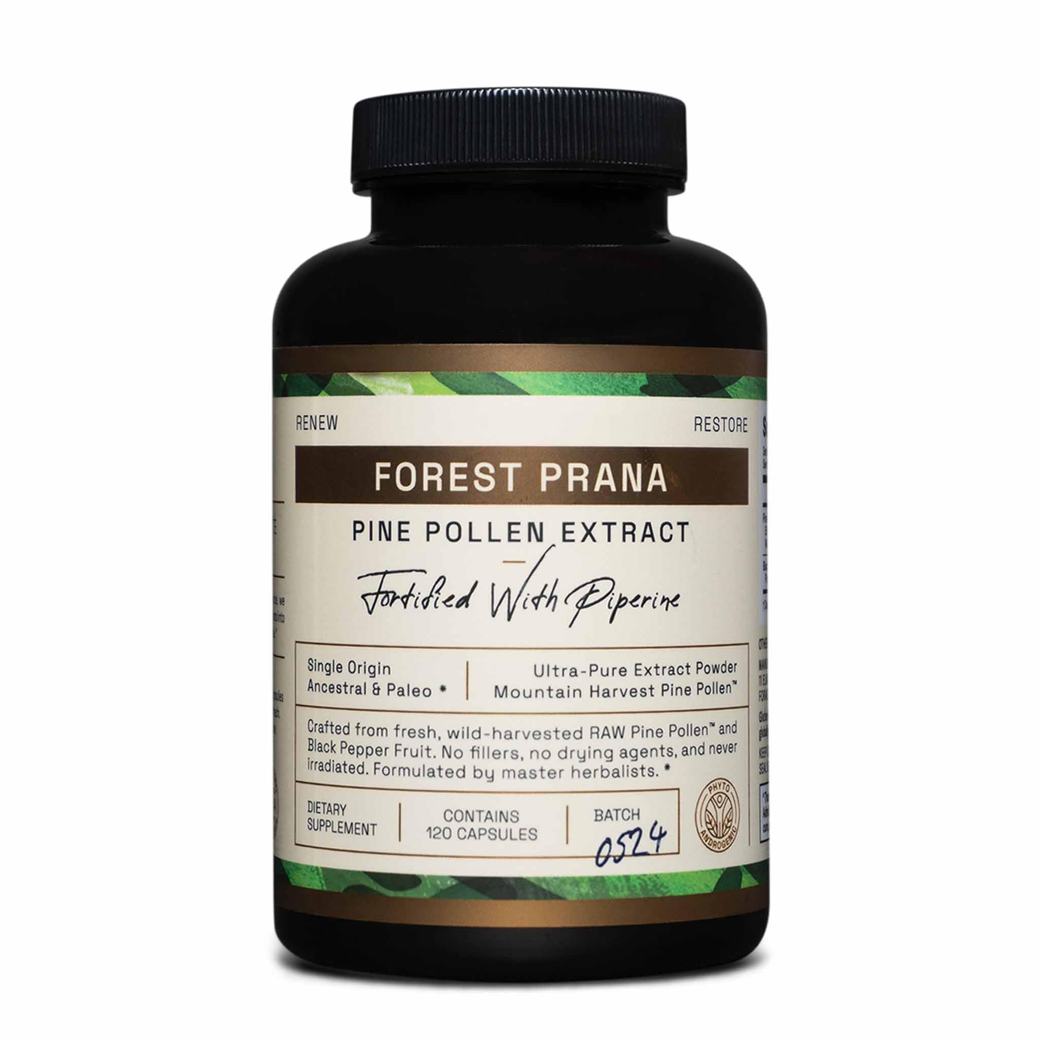 RAW Forest Foods Forest Prana Pine Pollen capsules bottle for daily vitality.