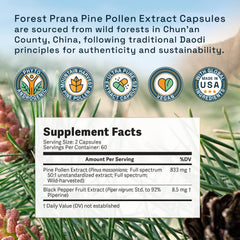 RAW Forest Foods Forest Prana pine pollen capsules USA made for quality.