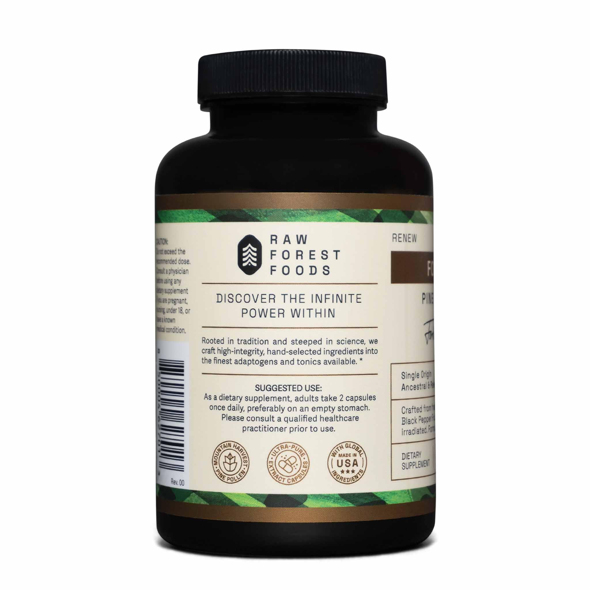 RAW Forest Foods Forest Prana pine pollen packaging with vegan, non-GMO cues.