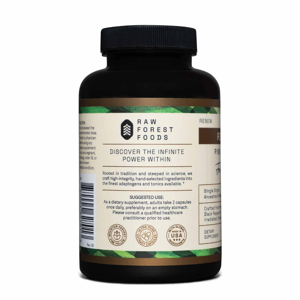 RAW Forest Foods Forest Prana pine pollen packaging with vegan, non-GMO cues.