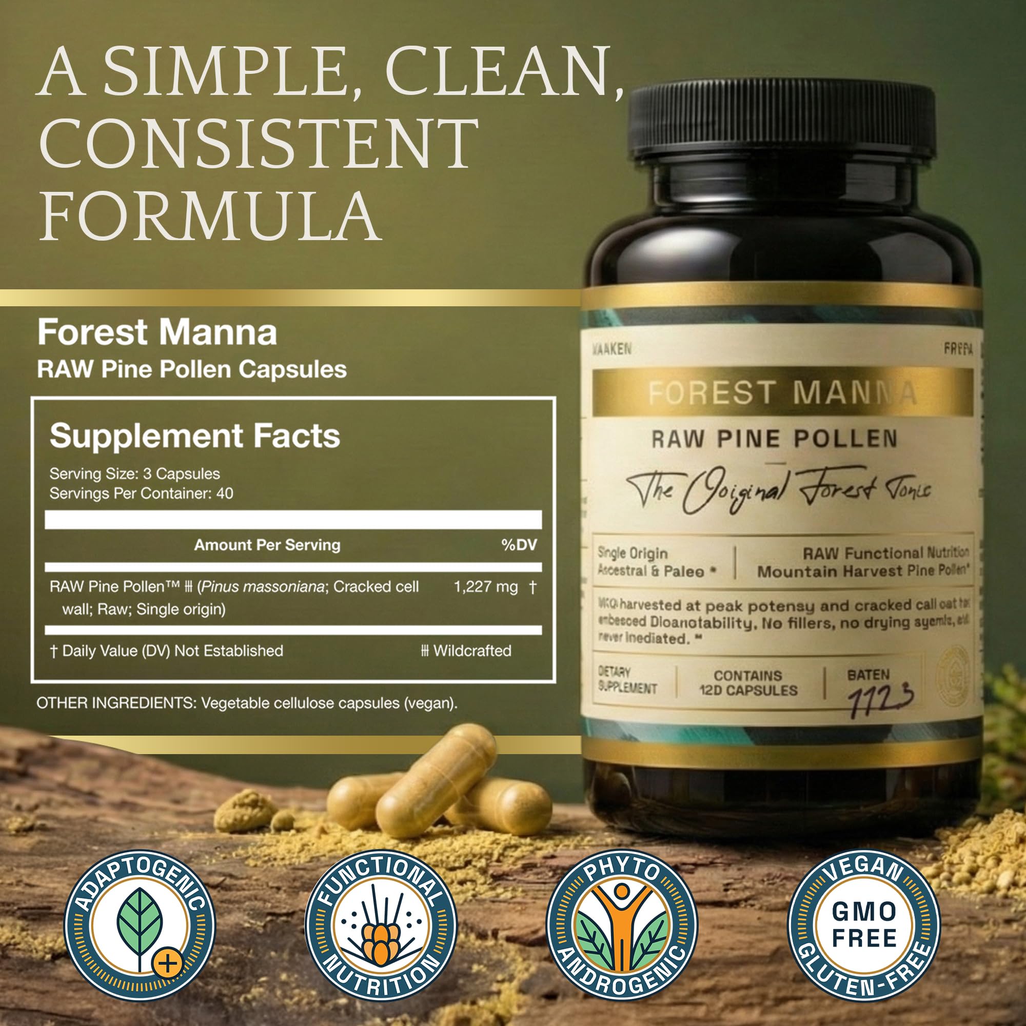 RAW Forest Foods pine pollen nutrients visual emphasizing enhanced bioavailability.