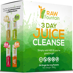 Raw Fountain 3-day juice cleanse packets for a convenient, travel-ready cleanse.