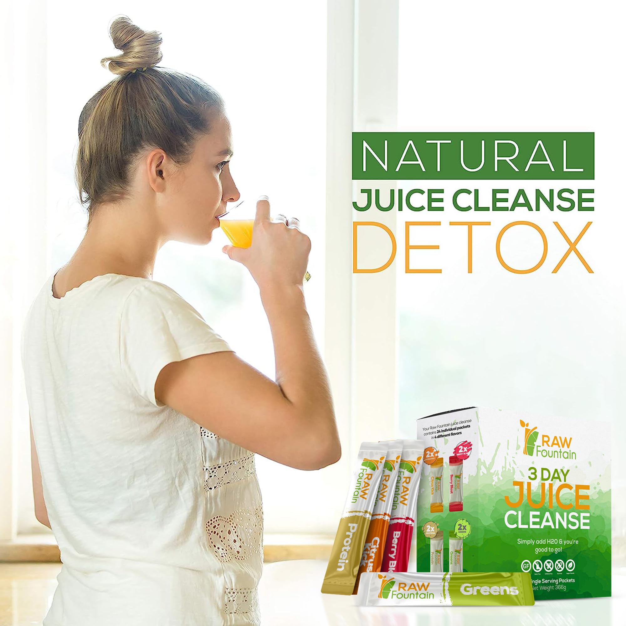 Raw Fountain Citrus Kick powder offering a zesty detox shake option.