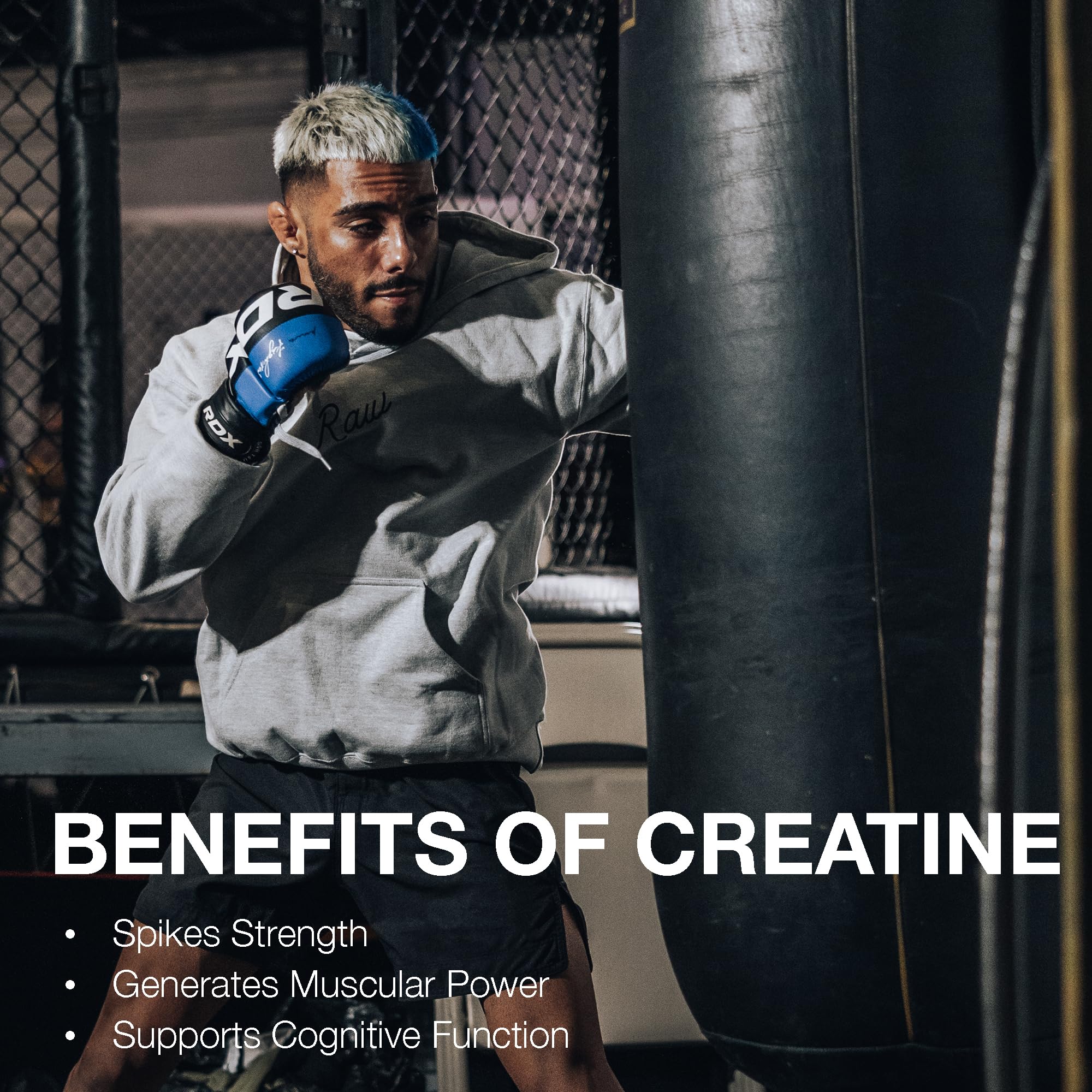 RAW Nutrition creatine monohydrate powder label shows Made in USA quality and Informed Sport certification.