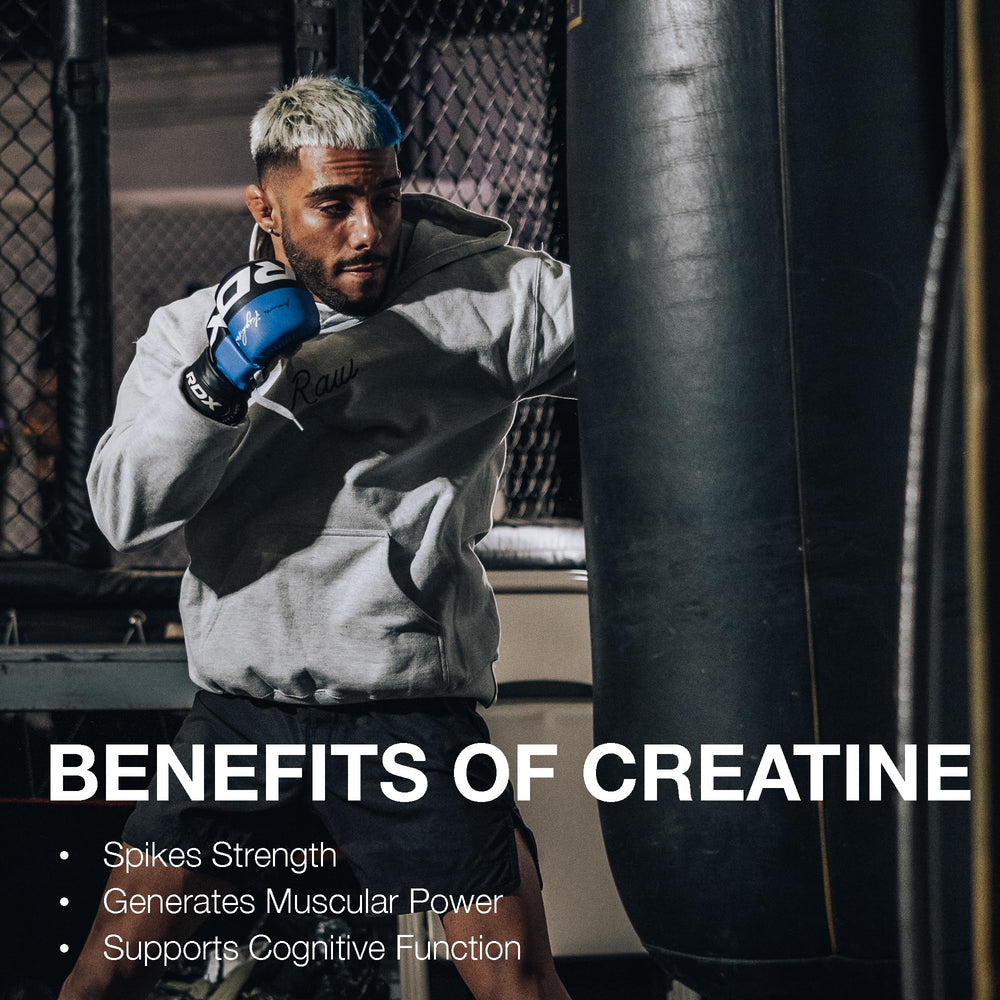 RAW Nutrition creatine monohydrate powder label shows Made in USA quality and Informed Sport certification.