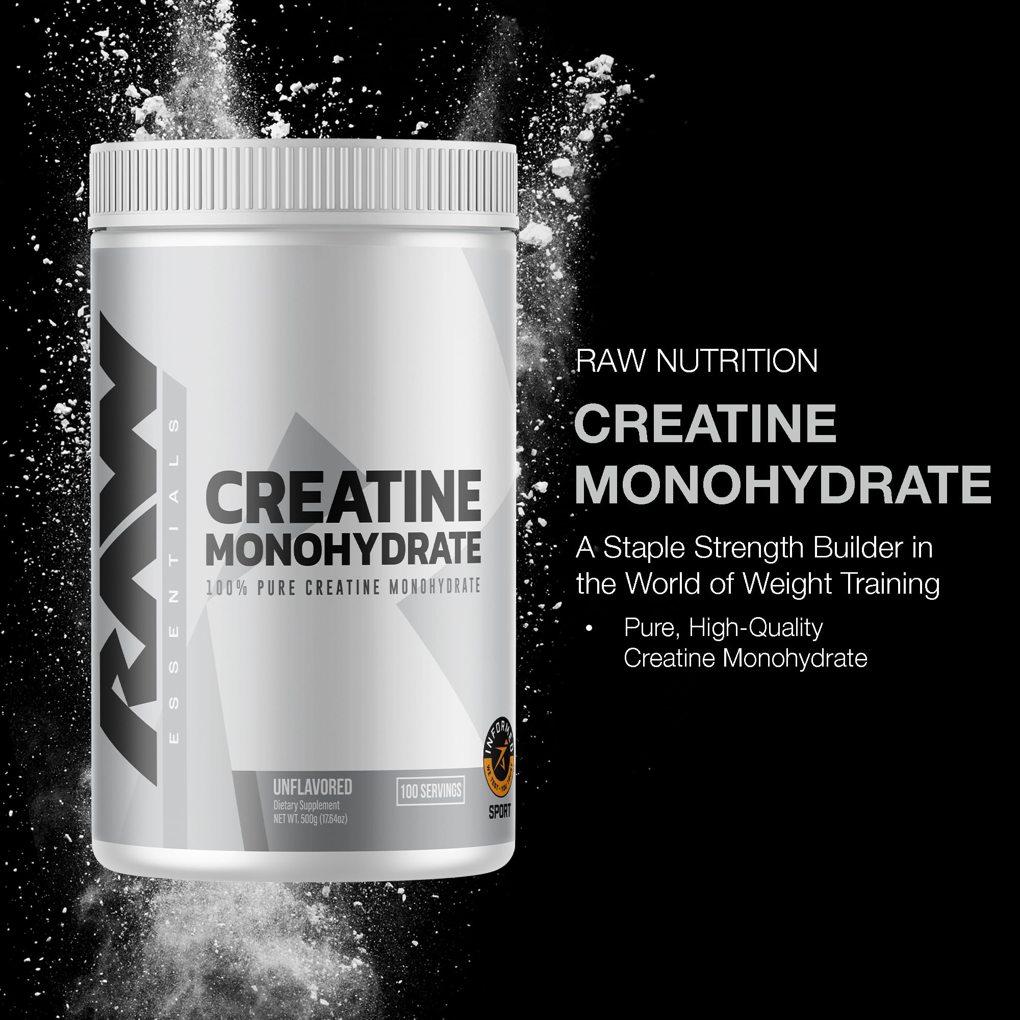 RAW Nutrition creatine monohydrate powder micronized texture for smooth mixing during training.