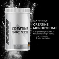 RAW Nutrition creatine monohydrate powder micronized texture for smooth mixing during training.