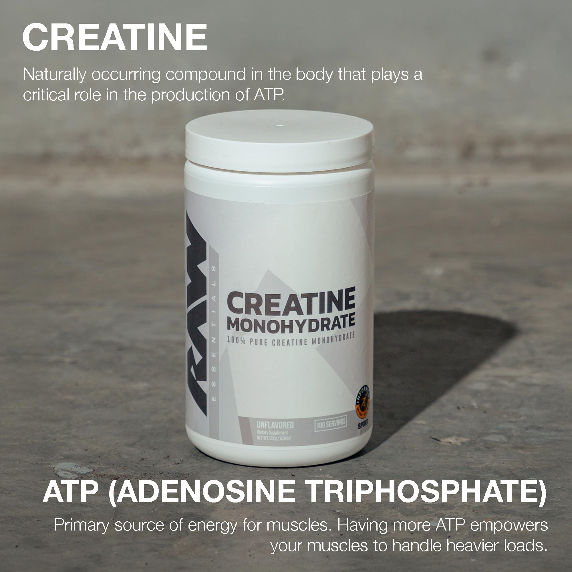 RAW Nutrition creatine monohydrate powder scoop for easy daily serving during strength workouts.