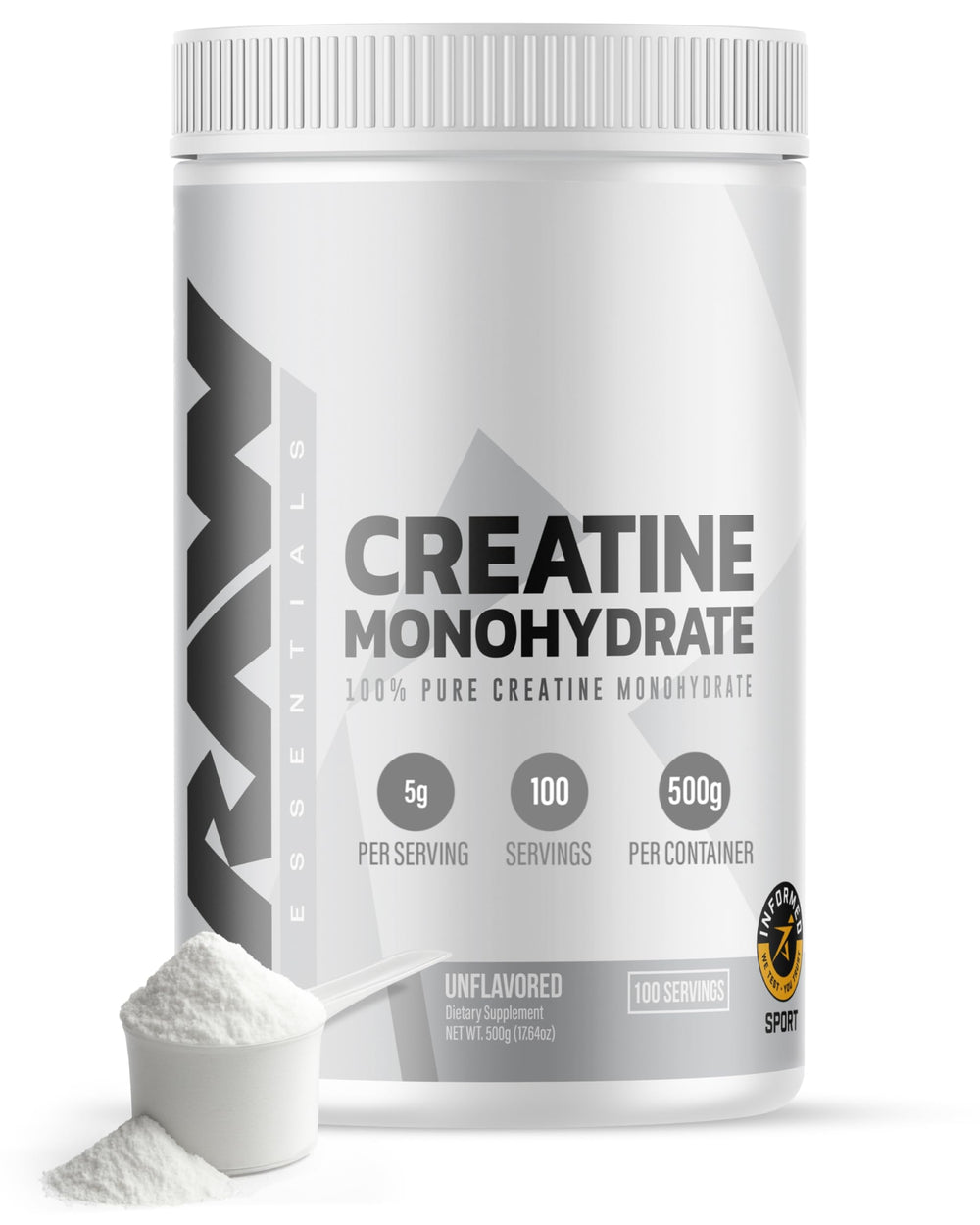 RAW Nutrition creatine monohydrate powder container for gym performance.