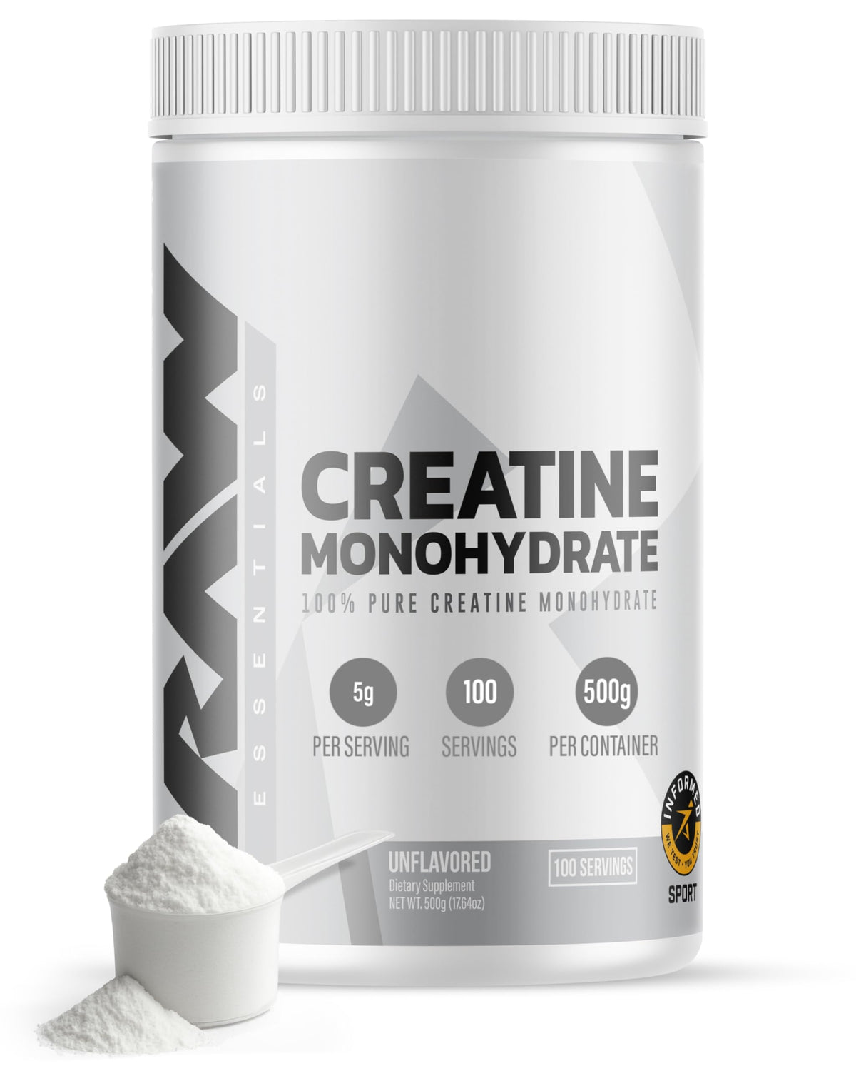 RAW Nutrition creatine monohydrate powder container for gym performance.