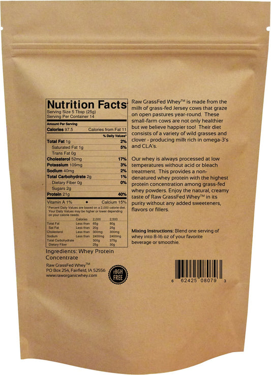 Raw Organic Whey being poured into a glass, unflavored protein boost.