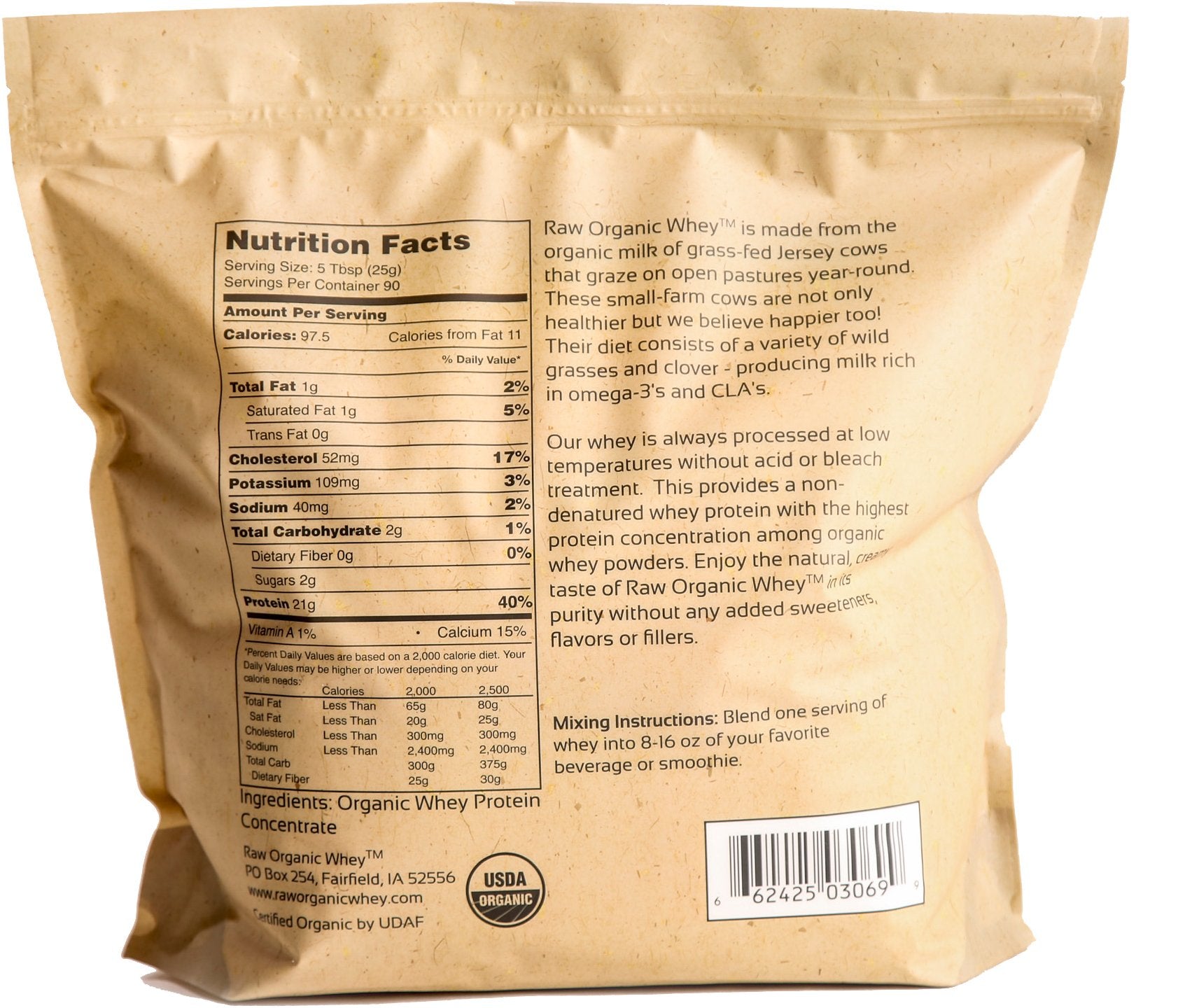 Raw Organic Whey bag highlights grass-fed, organic certification for premium protein