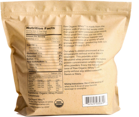 Raw Organic Whey bag highlights grass-fed, organic certification for premium protein