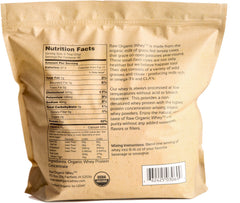 Raw Organic Whey bag highlights grass-fed, organic certification for premium protein