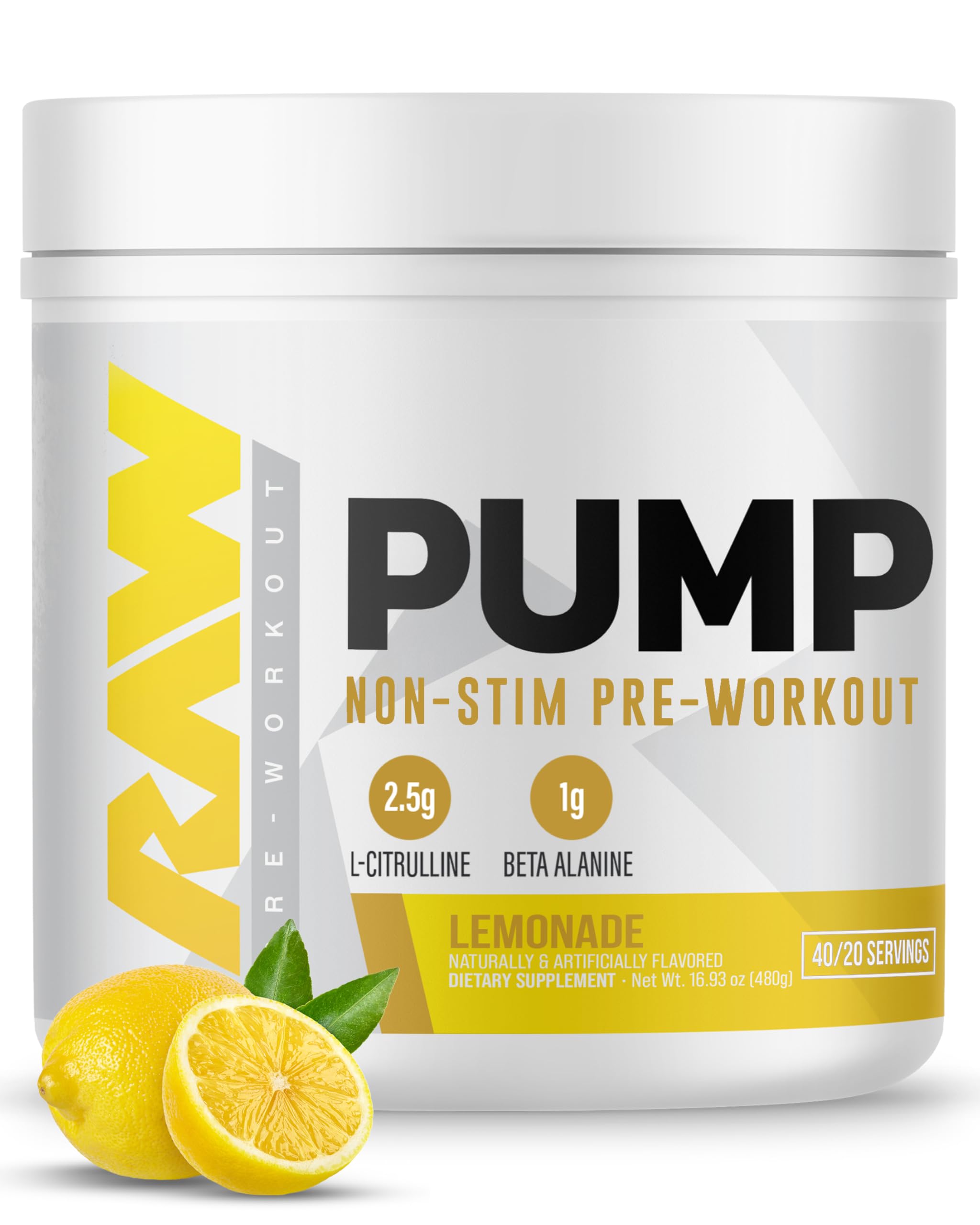 RAW Pump Stim Free Lemonade bottle for caffeine-free evening workouts