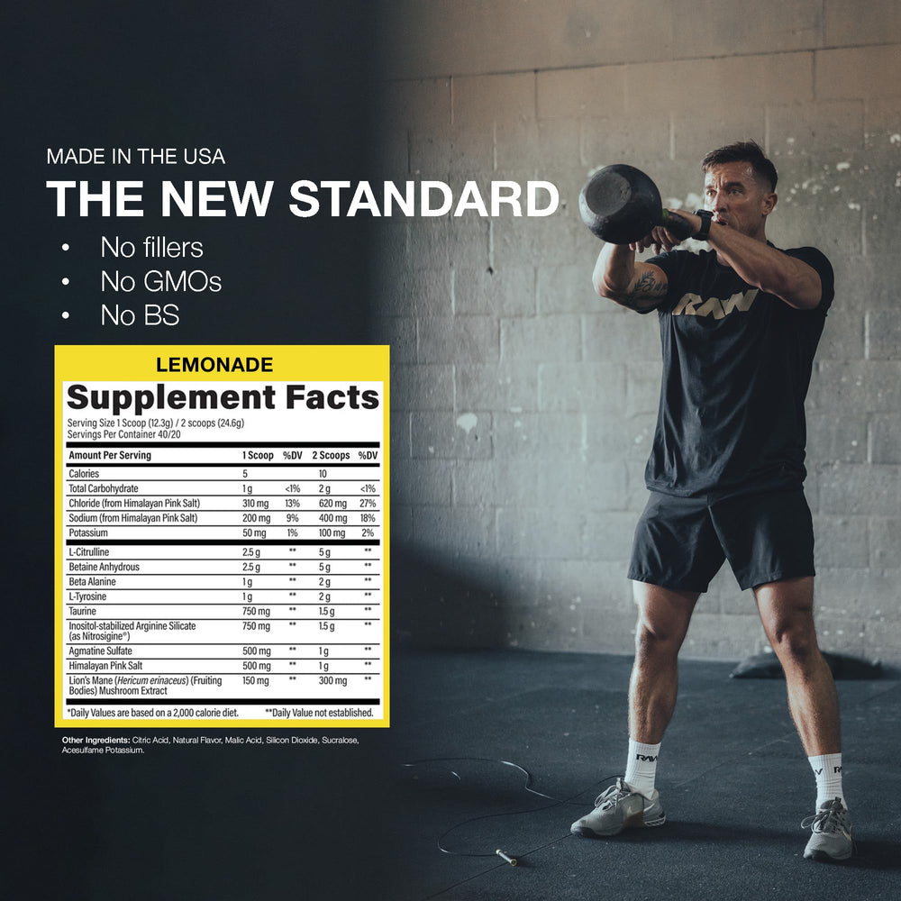 RAW Pump Stim Free Lemonade being poured into a glass for a refreshing pre-workout drink