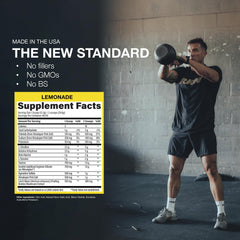 RAW Pump Stim Free Lemonade being poured into a glass for a refreshing pre-workout drink