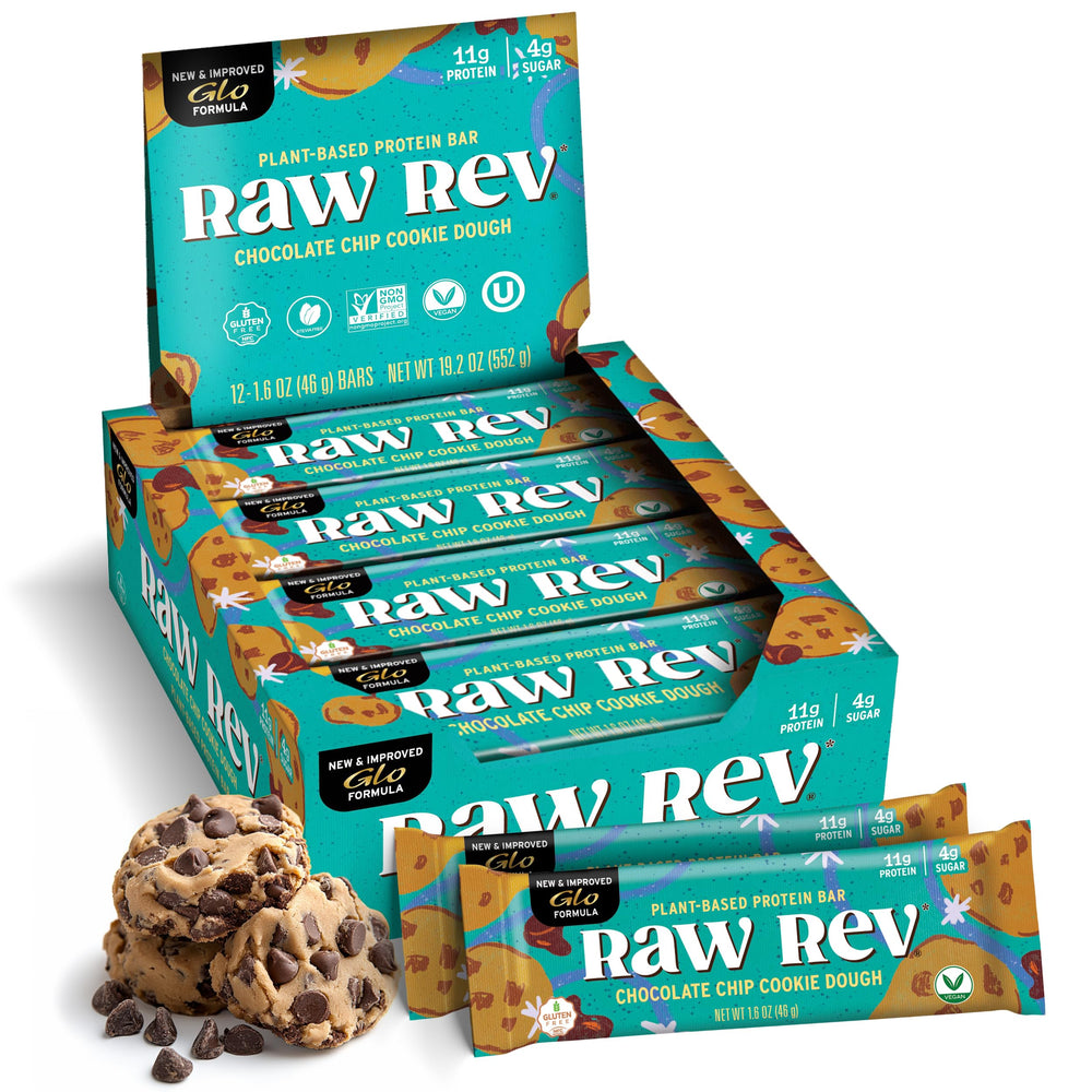 Raw Rev Glo chocolate chip cookie dough bar packaging on display for gluten-free vegan snacking.