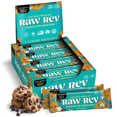 Raw Rev Glo chocolate chip cookie dough bar packaging on display for gluten-free vegan snacking.