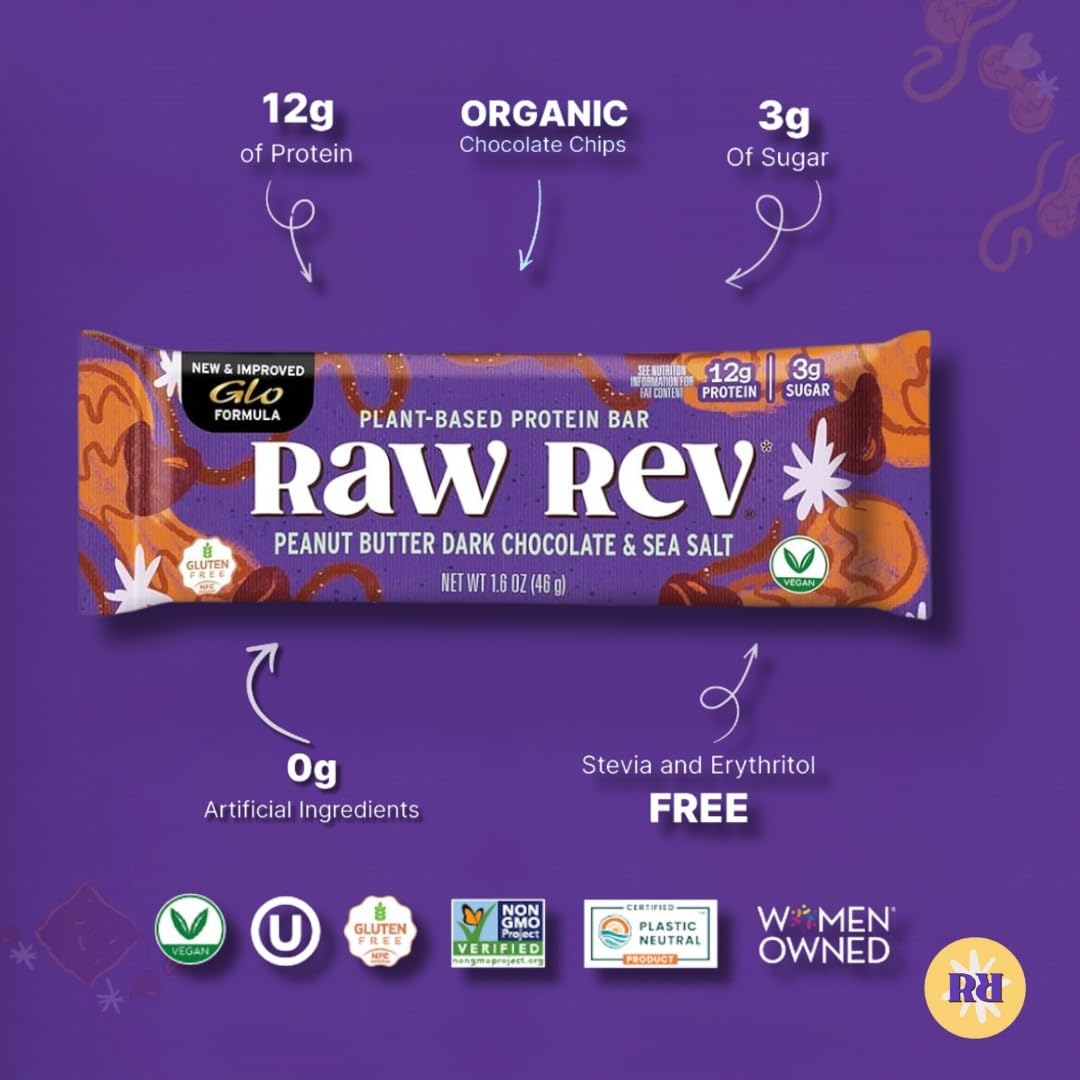 Raw Rev Glo ingredients image highlights real peanuts at the bar's core