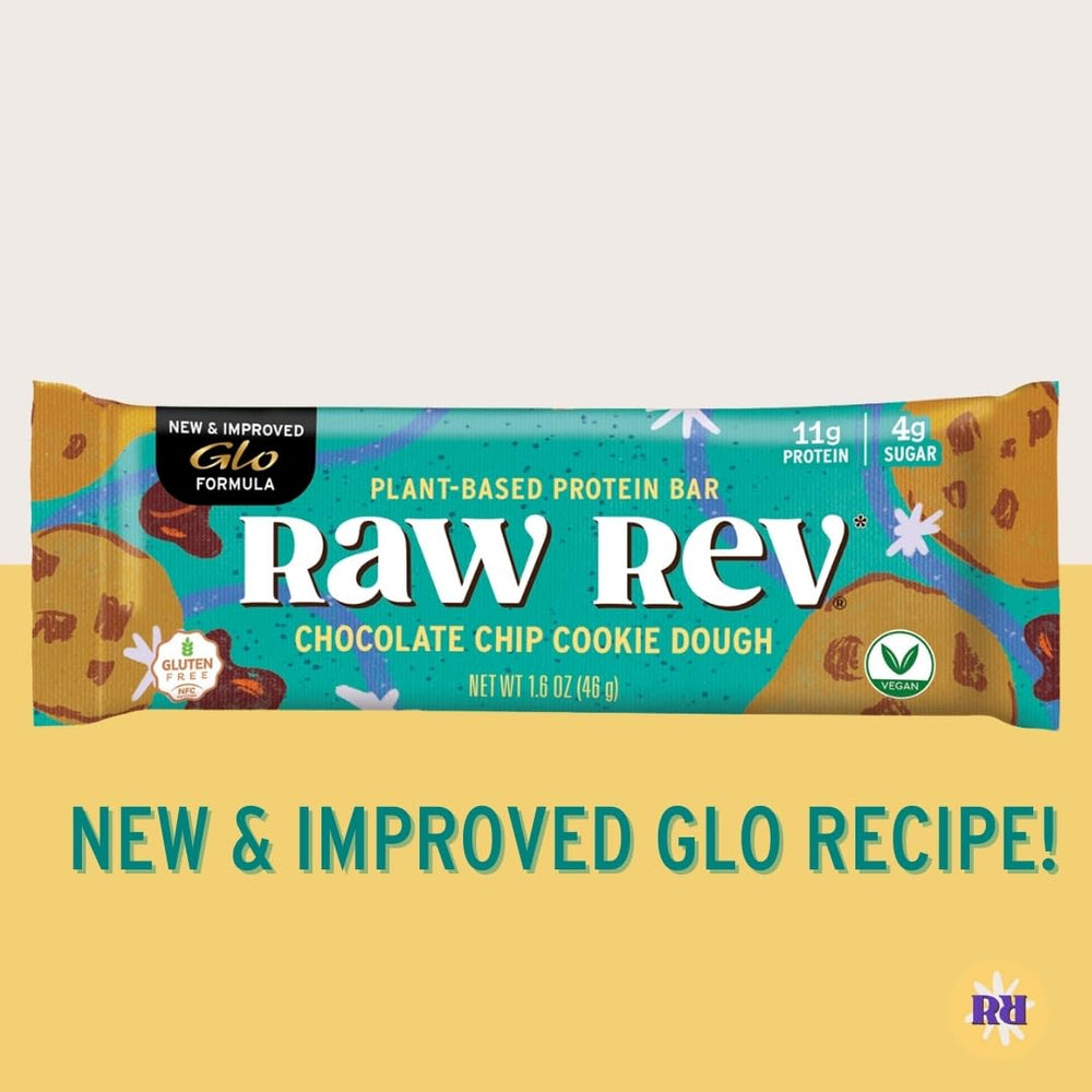 Raw Rev Glo non-GMO badge featured on wrapper.