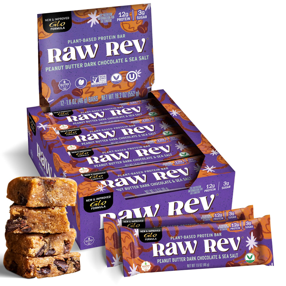 Raw Rev Glo peanut butter dark chocolate bar pack, a convenient protein snack