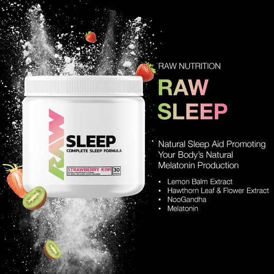 RAW Sleep bottle label highlights melatonin, magnesium, zinc blend for rest support.