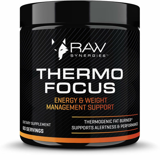 Raw Synergies Thermo Focus bottle label highlights clean energy for focused workouts