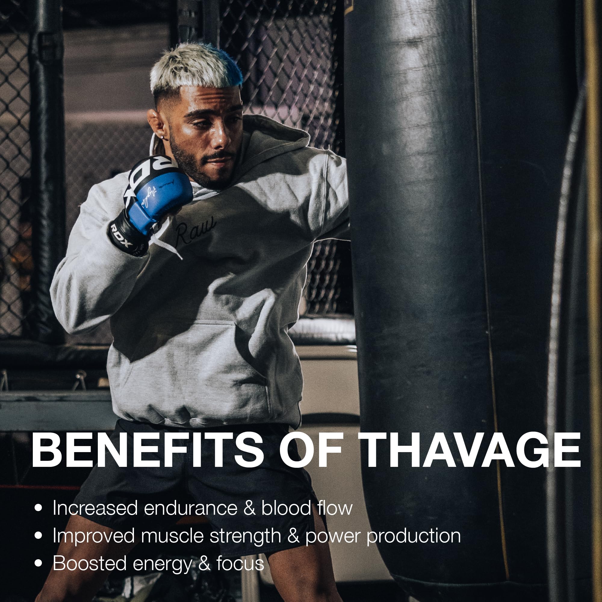RAW Thavage in gym setting shows athlete powering through a session.