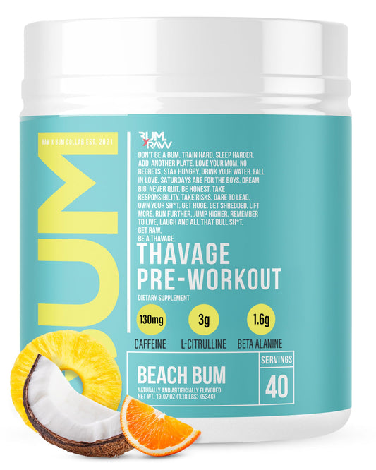 RAW Thavage Beach Bum can with bold label highlights energy-boosting appeal for workouts.
