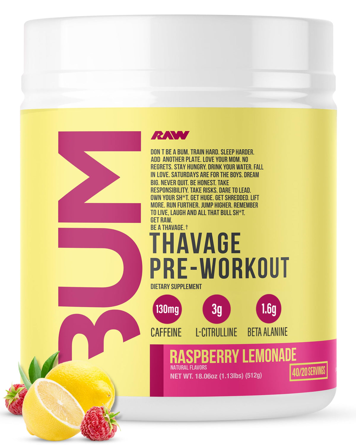 RAW Thavage Raspberry Lemonade bottle with label highlighting flavor and energy support.