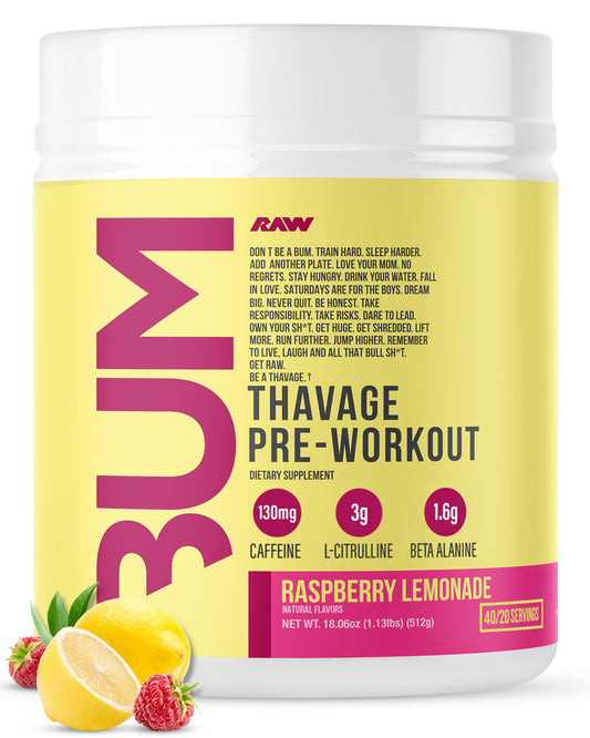 RAW Thavage Raspberry Lemonade bottle with label highlighting flavor and energy support.
