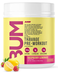 RAW Thavage Raspberry Lemonade bottle with label highlighting flavor and energy support.