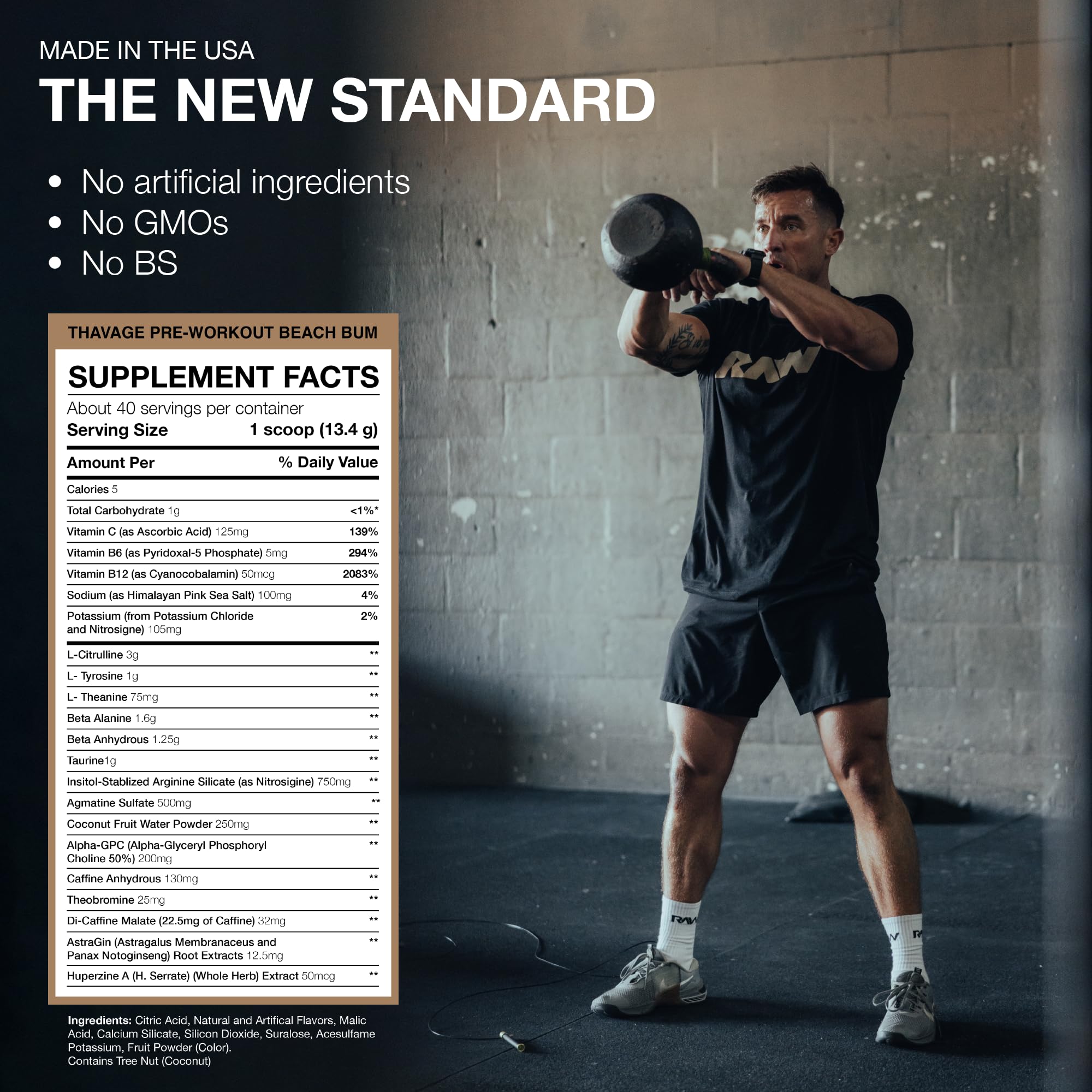 RAW Thavage ingredients panel highlights caffeine and L-citrulline for focus.