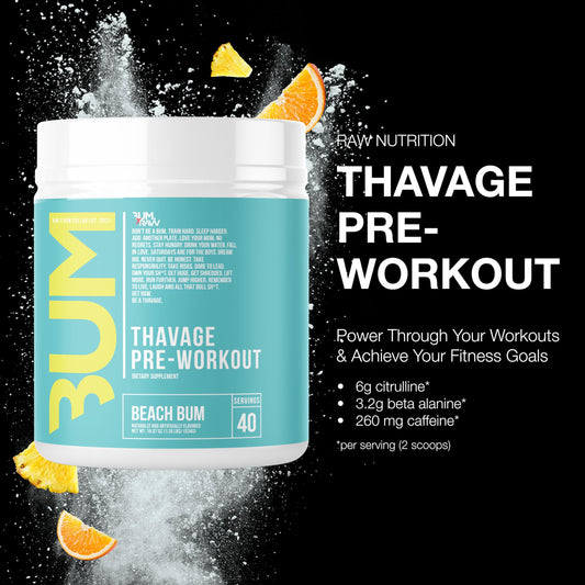 RAW Thavage label close-up showcases Beach Bum flavor and tropical refreshment.