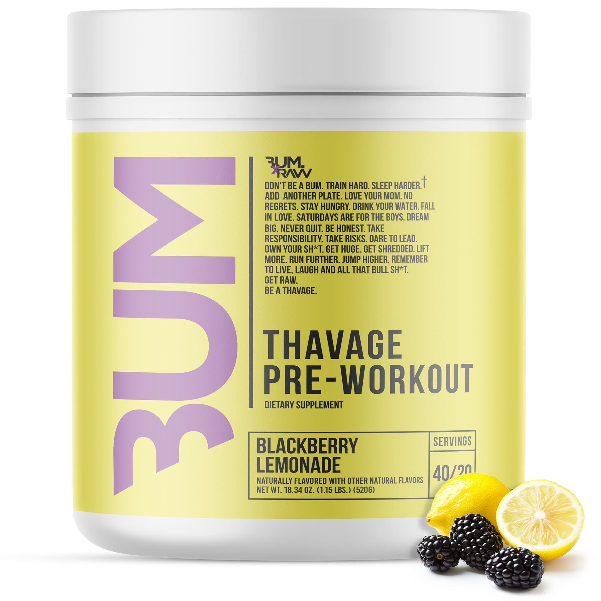 RAW Thavage preworkout tub in blackberry lemonade flavor for energizing workouts