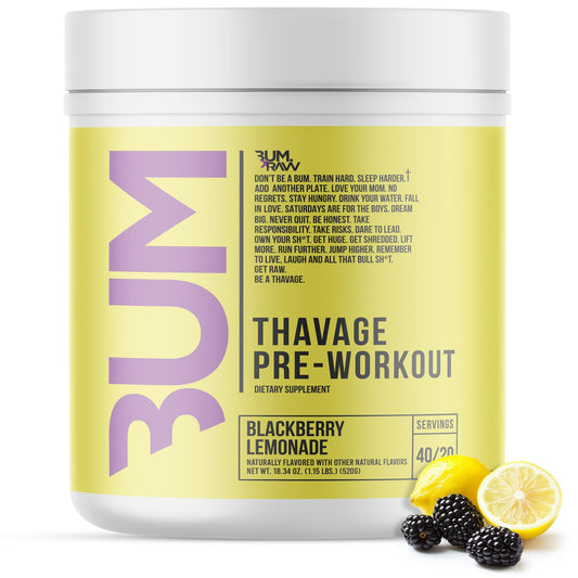 RAW Thavage preworkout tub in blackberry lemonade flavor for energizing workouts