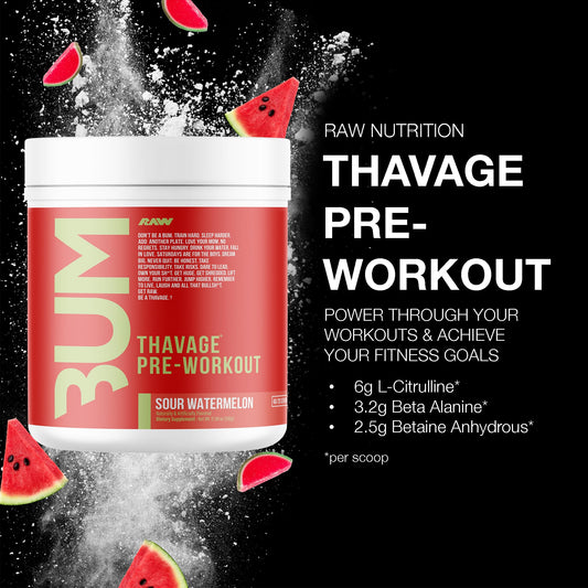 RAW Thavage Sour Watermelon scoop beside tub for quick pre-workout servings.