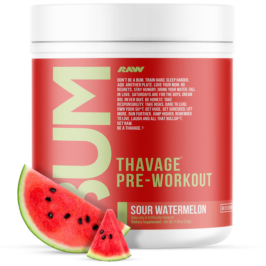 RAW Thavage Sour Watermelon tub, flavor-packed pre-workout for intense training sessions.
