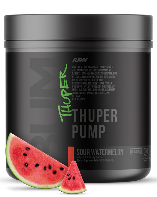 RAW Thuper Pump bottle shows Sour Watermelon flavor and non-stim formula for focused workouts