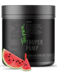 RAW Thuper Pump bottle shows Sour Watermelon flavor and non-stim formula for focused workouts